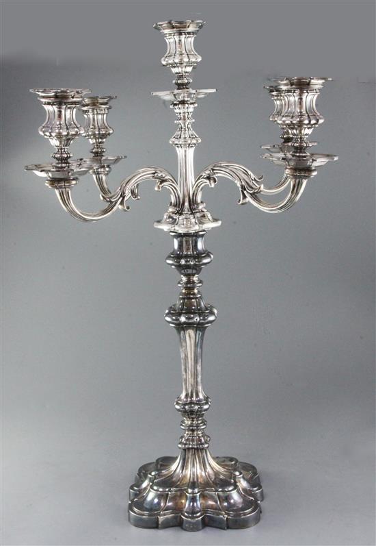 A late Victorian Elkington & Co large silver plated four branch, five light candelabrum, 76cm.